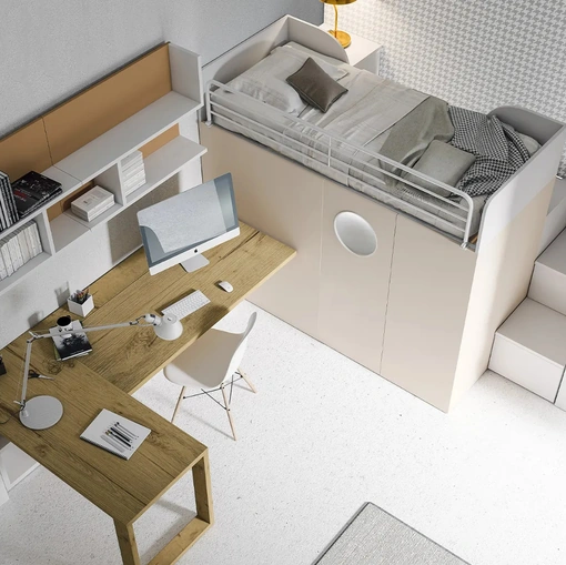 Cameretta S12 Letti a soppalco con angolo studio in laccato opaco e melaminico di Dielle