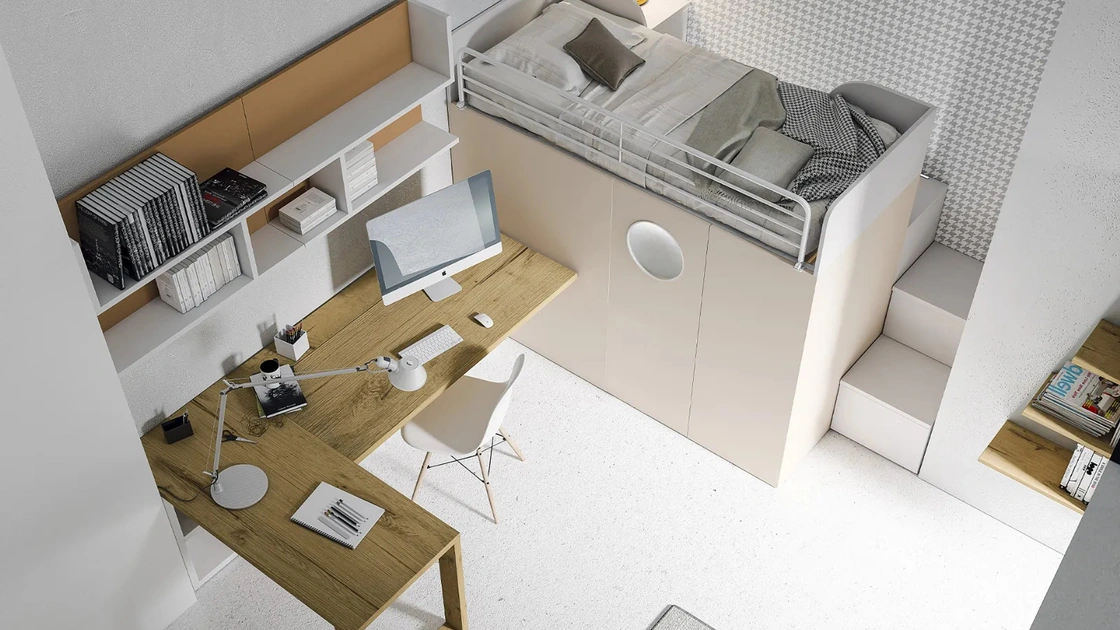 Cameretta S12 Letti a soppalco con angolo studio in laccato opaco e melaminico di Dielle