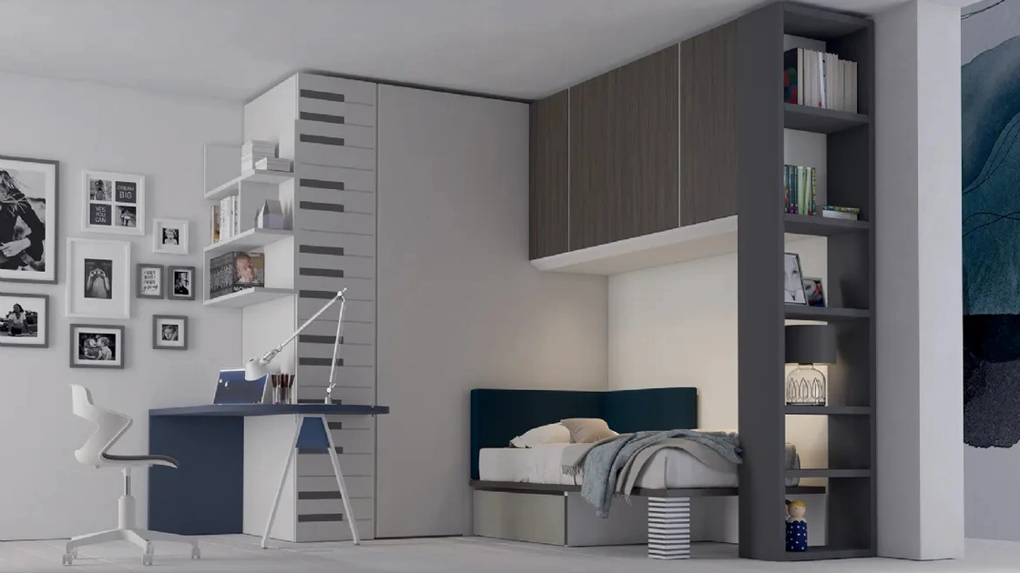 Cameretta P01 Salvaspazio a ponte con cabina armadio e angolo studio Dielle