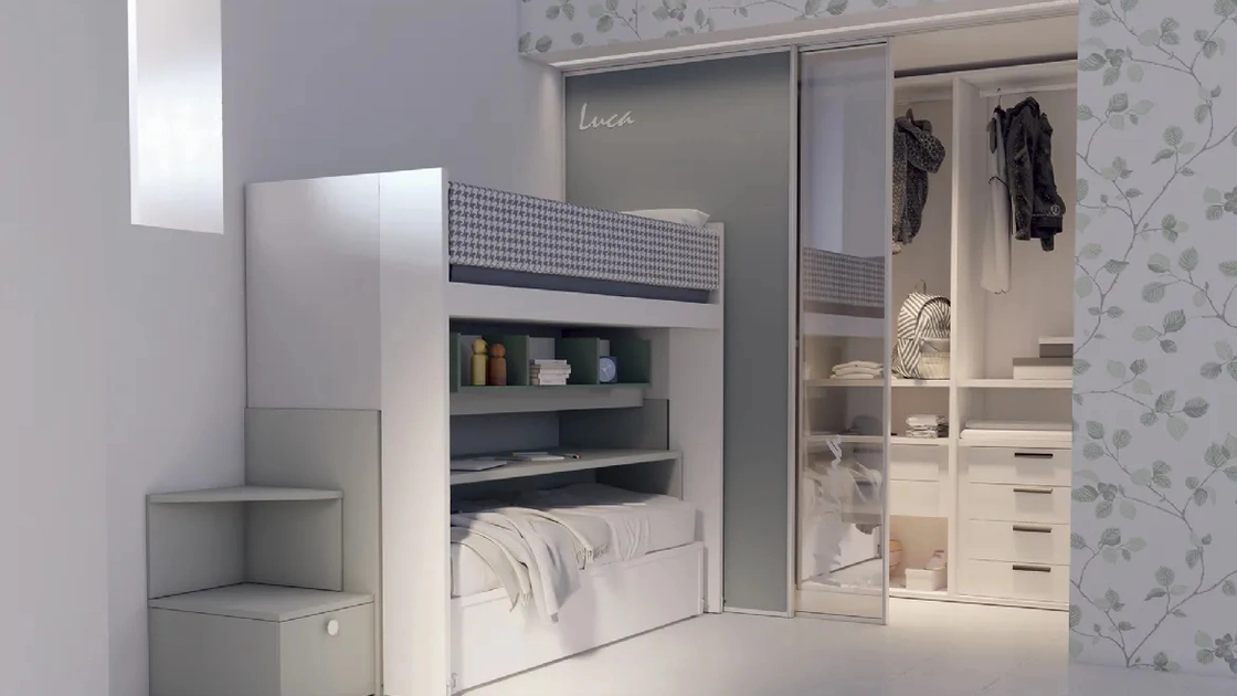 Cameretta S02 Letti a soppalco in melaminico e laccato con cabina armadio di Dielle