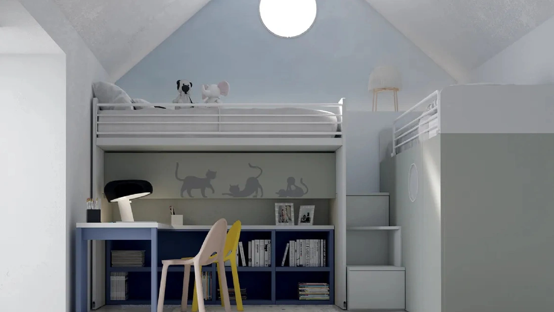 Cameretta S13 Letti a soppalco salvaspazio in laccato opaco con scrivania di Dielle