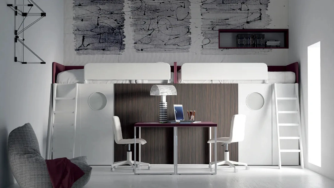 Cameretta S15 A soppalco in laccato opaco e melaminico con due letti, due cabine armadio e due scrivanie di Dielle