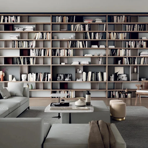 Libreria modulare Line Up 03 in nobilitato noce con box in metallo laccato opaco di Dielle Modus