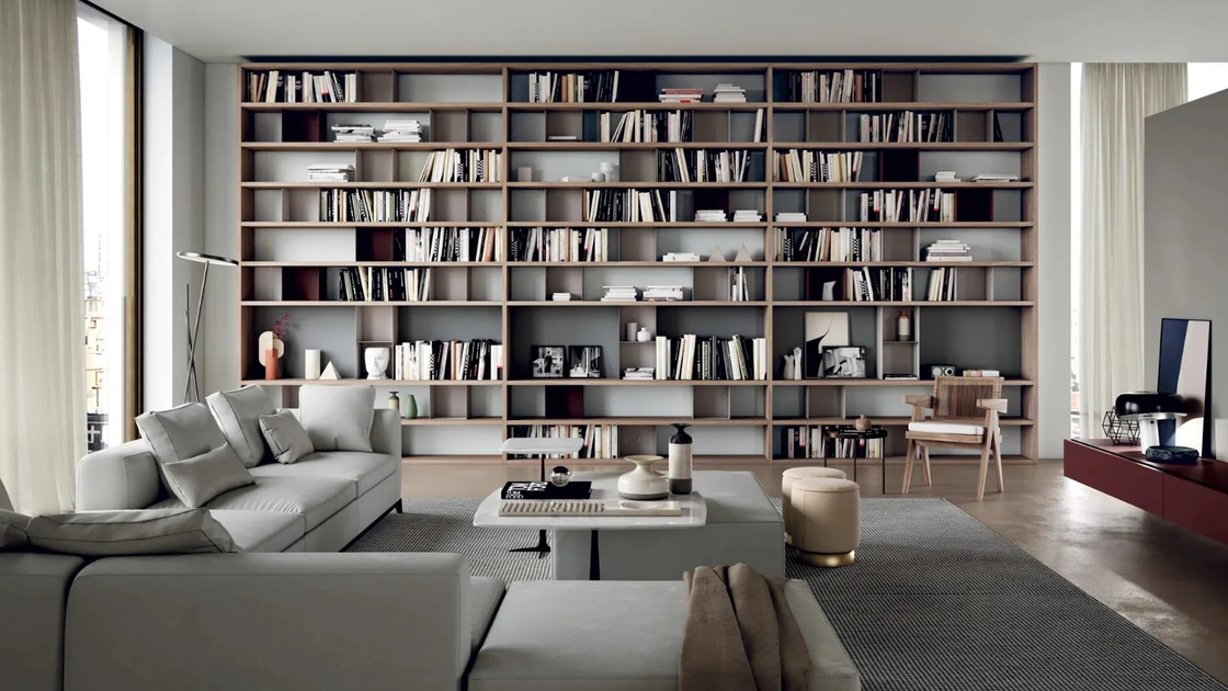 Libreria modulare Line Up 03 in nobilitato noce con box in metallo laccato opaco di Dielle Modus