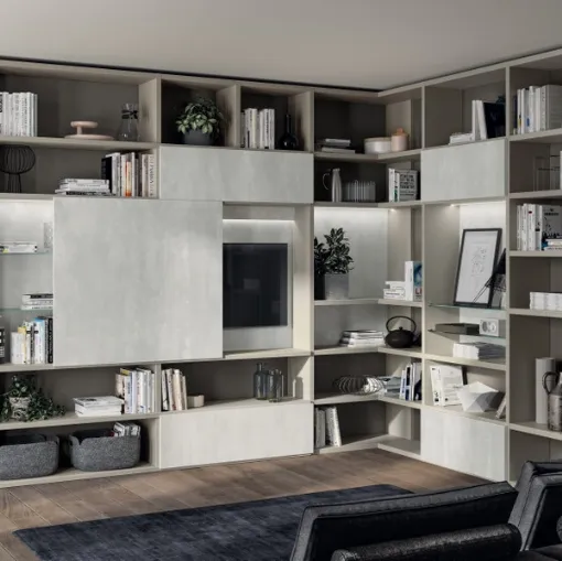 Libreria Living Liberamente sistema Metro in decorativo Concrete Jersey di Scavolini