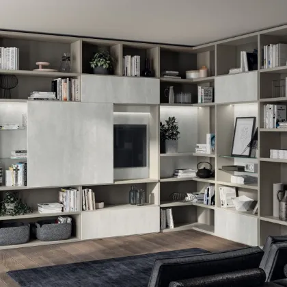 Libreria Living Liberamente sistema Metro in decorativo Concrete Jersey di Scavolini