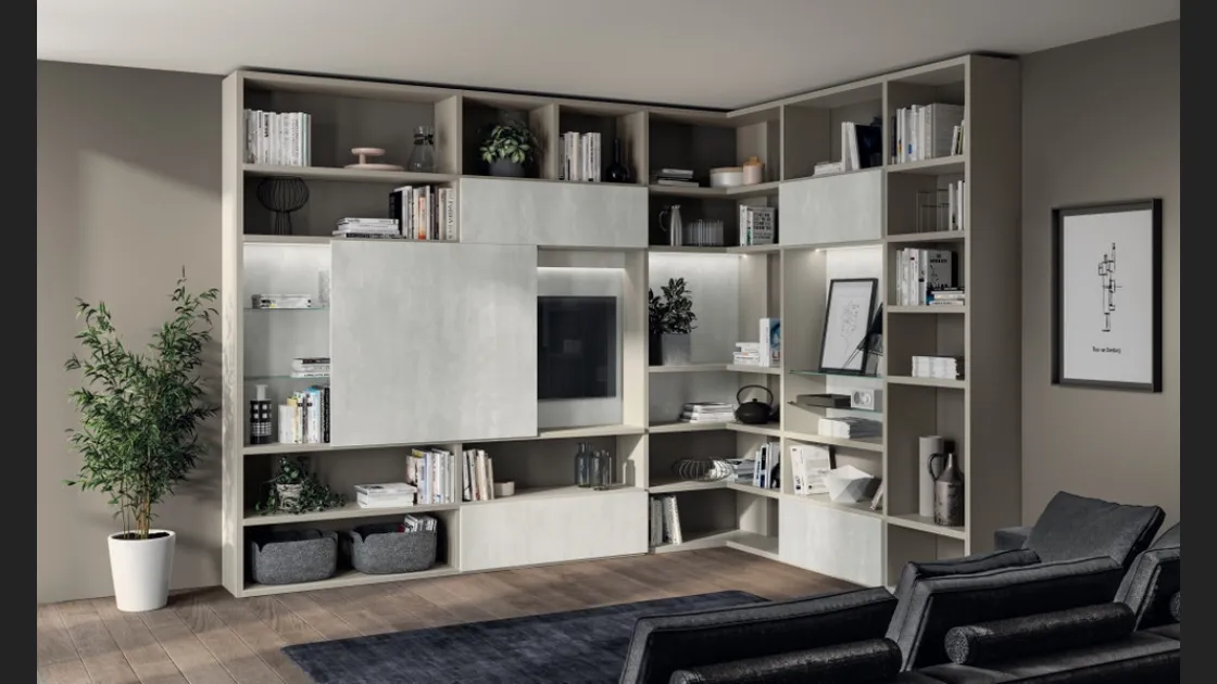 Libreria Living Liberamente sistema Metro in decorativo Concrete Jersey di Scavolini