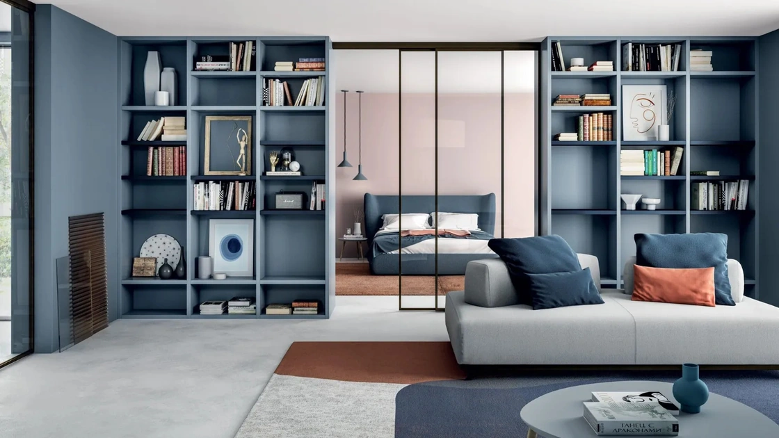 Libreria Line Up 19 a muro in laccato opaco pioggia e oceano di Dielle Modus