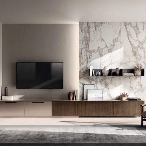 Parete Attrezzata Living Musa 01 in Rovere Pecan e laccato opaco di Scavolini