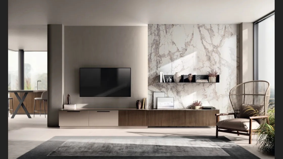 Parete Attrezzata Living Musa 01 in Rovere Pecan e laccato opaco di Scavolini