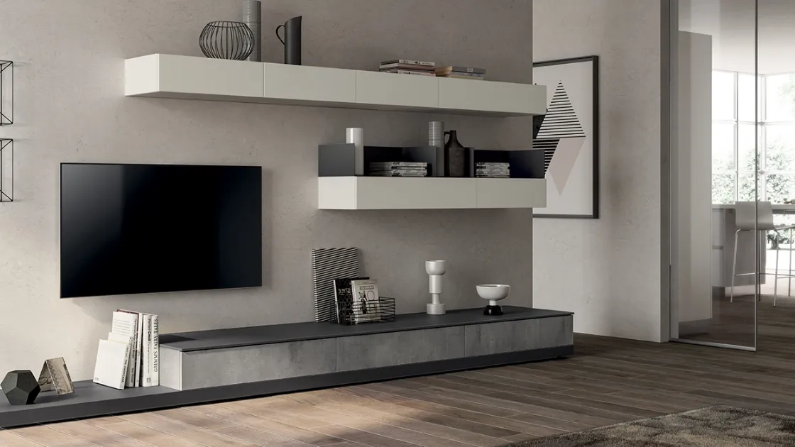 Parete Attrezzata Living Evolution 03 in decorativo Concrete Medium di Scavolini
