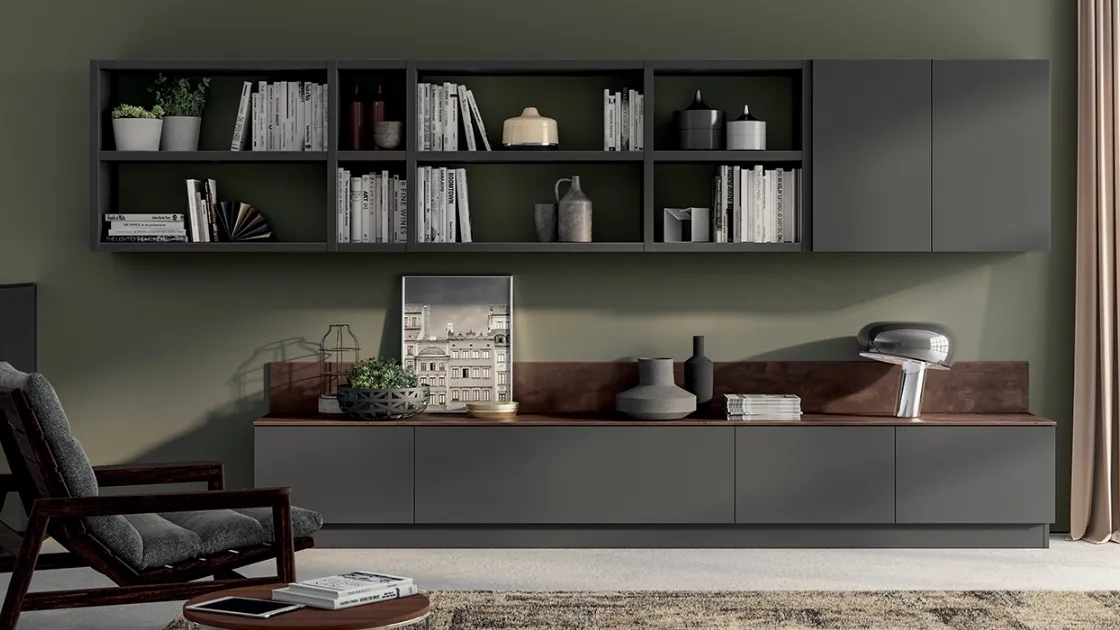 Parete Attrezzata Living Evolution 04 in laccato Grigio Ferro di Scavolini