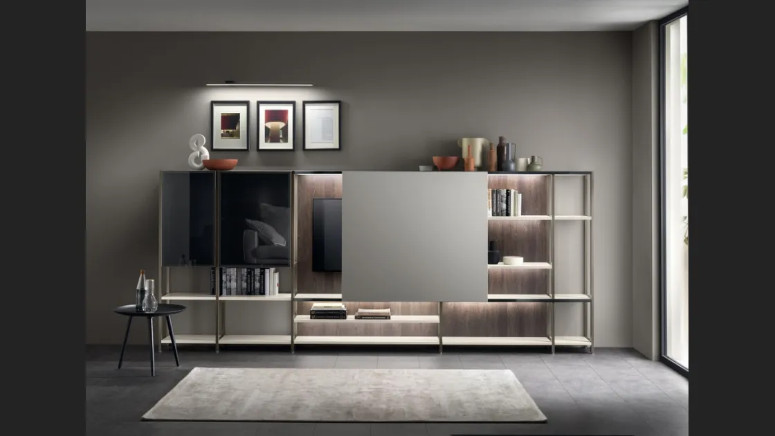 Parete Attrezzata Living Formalia 05 con Anta scorrevole in laccato Pet Pioggia di Scavolini