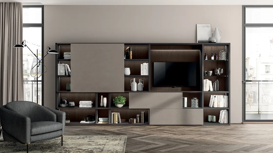 Parete Attrezzata Living Liberamente 06 in Biomalta Argilla e Rovere di Scavolini