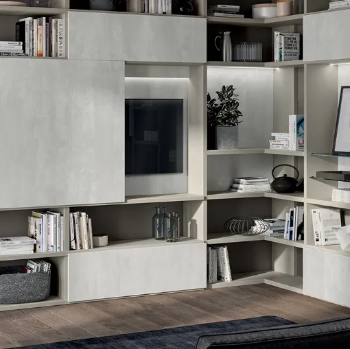 Parete Attrezzata Living Liberamente 01 in decorativo Concrete Jersey di Scavolini