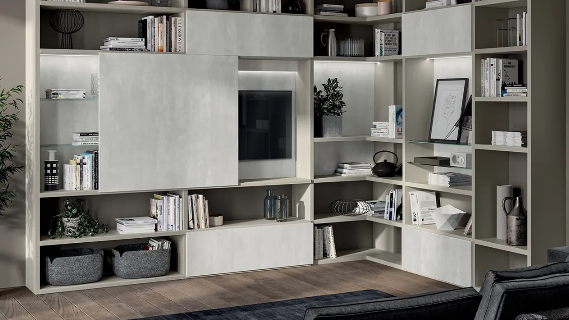 Parete Attrezzata Living Liberamente 01 in decorativo Concrete Jersey di Scavolini