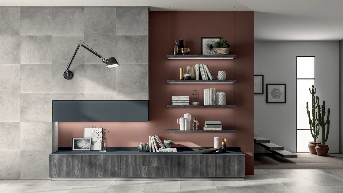 Parete Attrezzata Living Liberamente 04 in decorativo Rovere Lavagna di Scavolini