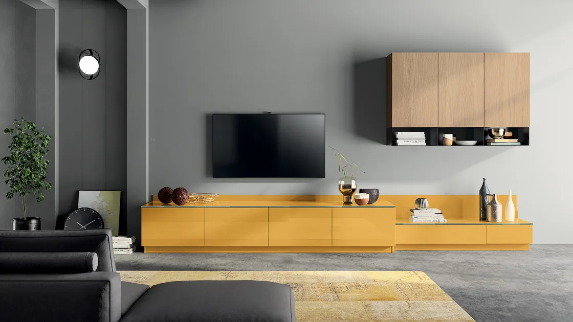Parete Attrezzata Living Liberamente 09 in laccato lucido Giallo Senape di Scavolini