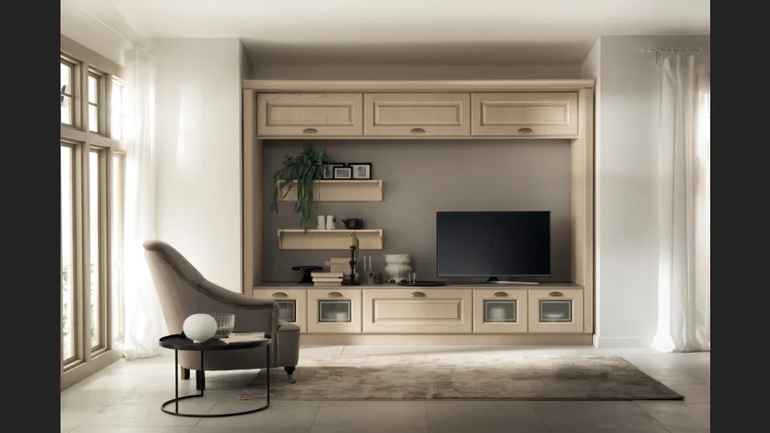 Parete Attrezzata Living Madeleine 01 in Frassino Bianco Burro di Scavolini