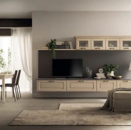 Parete Attrezzata sospesa Living Madeleine 02 in Frassino Bianco Burro di Scavolini