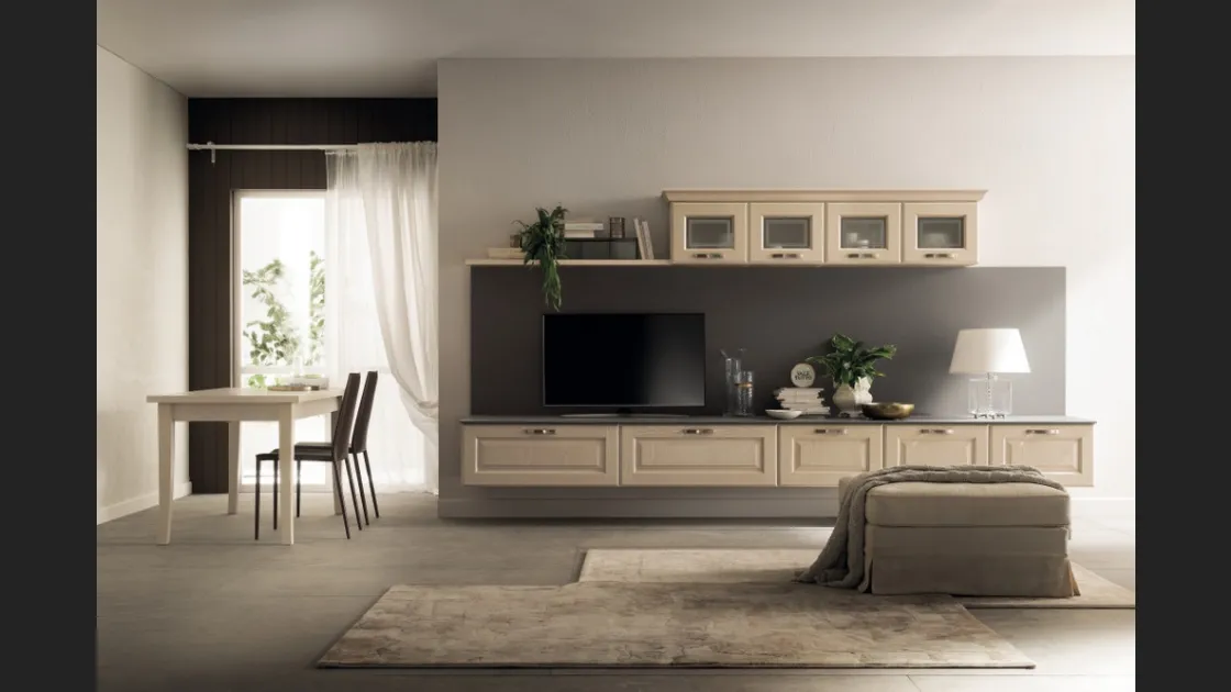 Parete Attrezzata sospesa Living Madeleine 02 in Frassino Bianco Burro di Scavolini