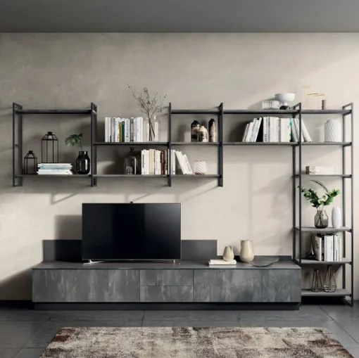 Parete Attrezzata Living Mood 04 in decorativo Concrete Harlem di Scavolini