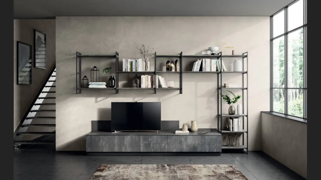 Parete Attrezzata Living Mood 04 in decorativo Concrete Harlem di Scavolini