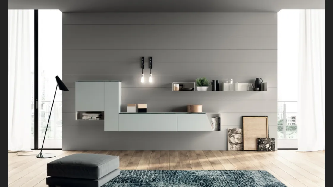 Parete Attrezzata sospesa Living Mood 03 in laccato opaco Ghiaccio di Scavolini