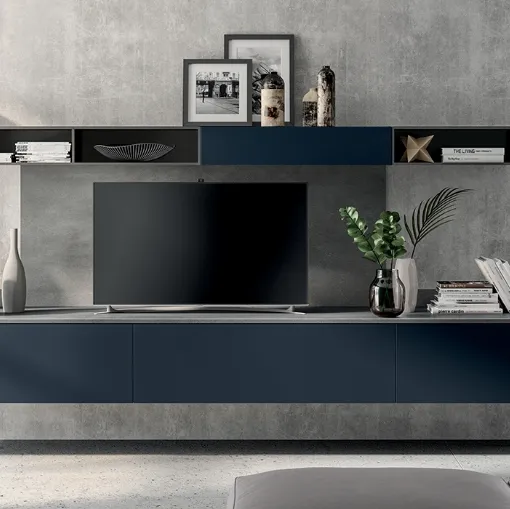 Parete Attrezzata sospesa Living Mood 07 in laccato Blu Moon di Scavolini