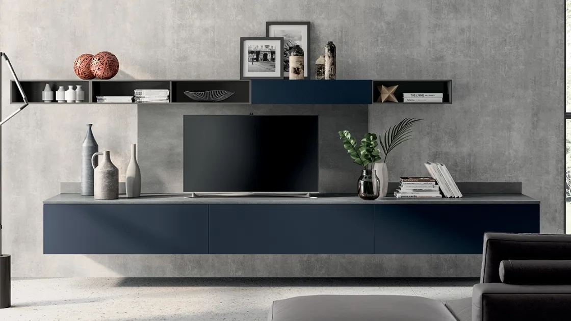 Parete Attrezzata sospesa Living Mood 07 in laccato Blu Moon di Scavolini