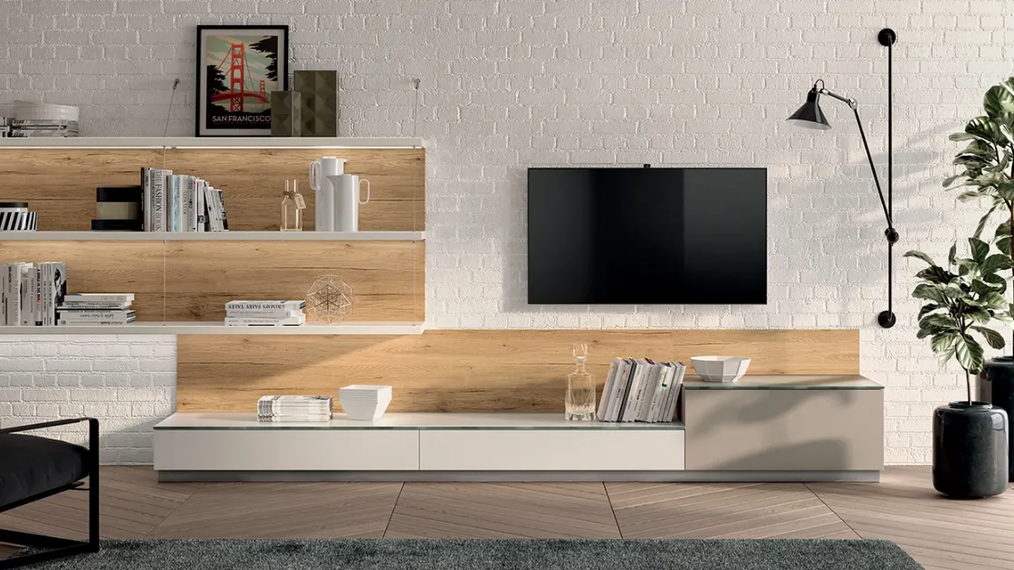Parete Attrezzata Living Mood 02 in laccato opaco Visone e Bianco Prestige di Scavolini