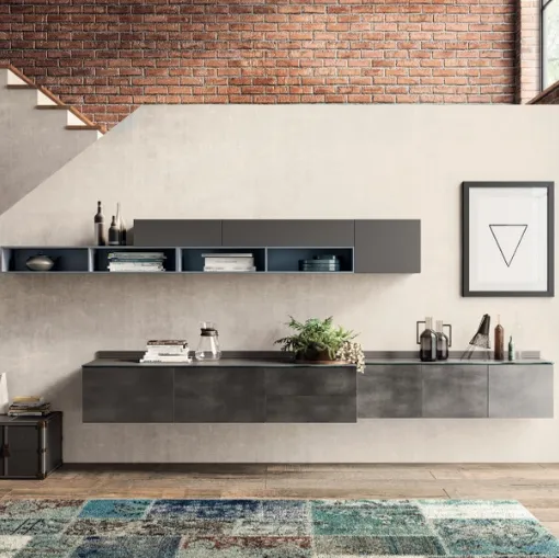Parete Attrezzata sospesa Living Mood 06 in decorativo Oxide Steel di Scavolini