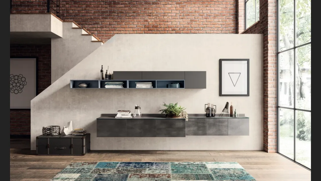 Parete Attrezzata sospesa Living Mood 06 in decorativo Oxide Steel di Scavolini