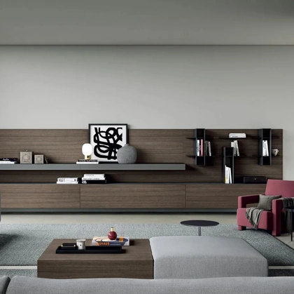 Parete Attrezzata sospesa Line Up 01 in finitura nobilitato design plissédi con top in finitura marmo lava Dielle Modus