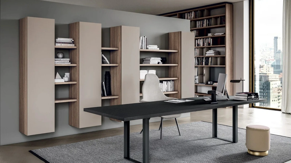 Parete Attrezzata modulare sospesa Line Up 05 in laccato opaco e nobilitato design Noce di Dielle Modus