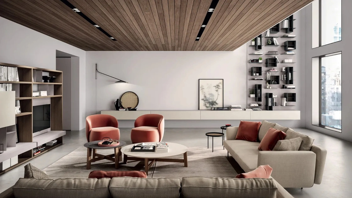 Parete Attrezzata sospesa Line Up 11 in laccato opaco con mensole e box di misura variabile in metallo finitura piombo di Dielle Modus