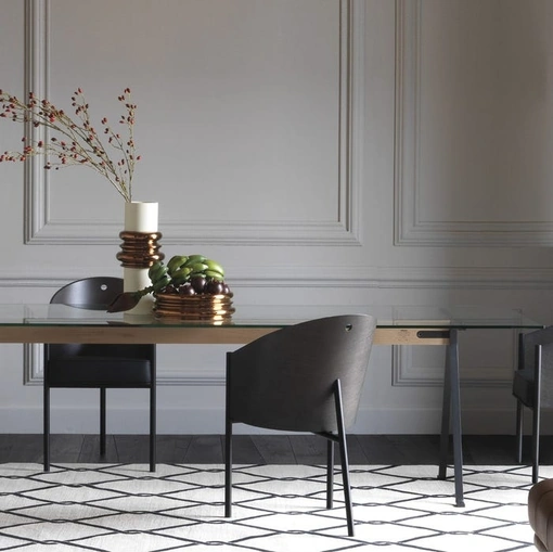 Tavolo Frate 50° con top in vetro e struttura in acciaio e legno di Driade