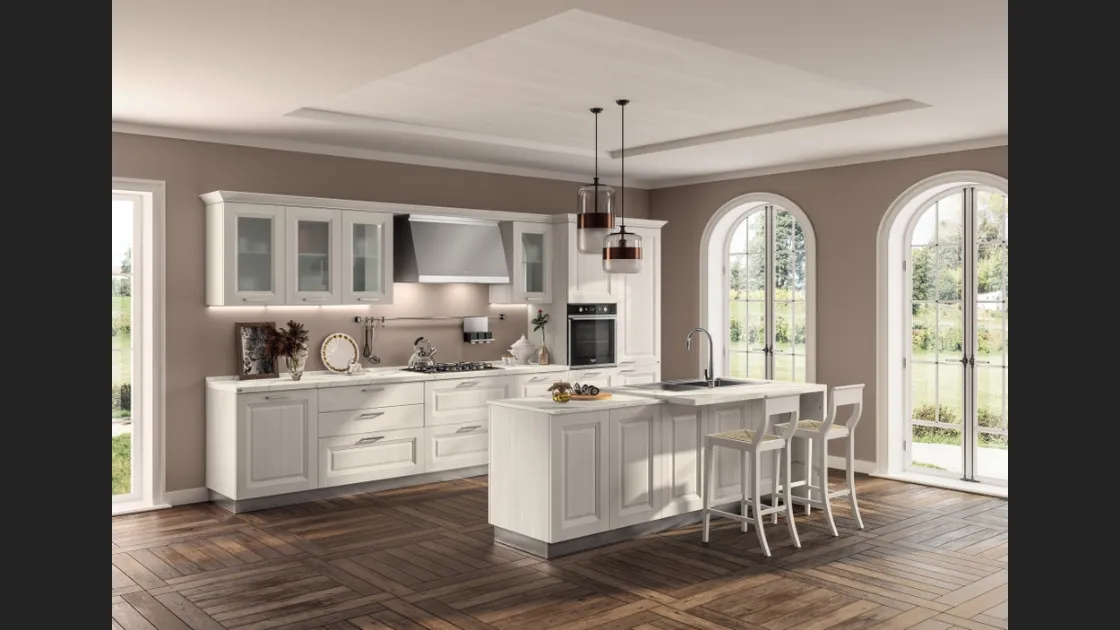Cucina Classica con isola Family 03 in decorativo Larice Neve con isola di Scavolini