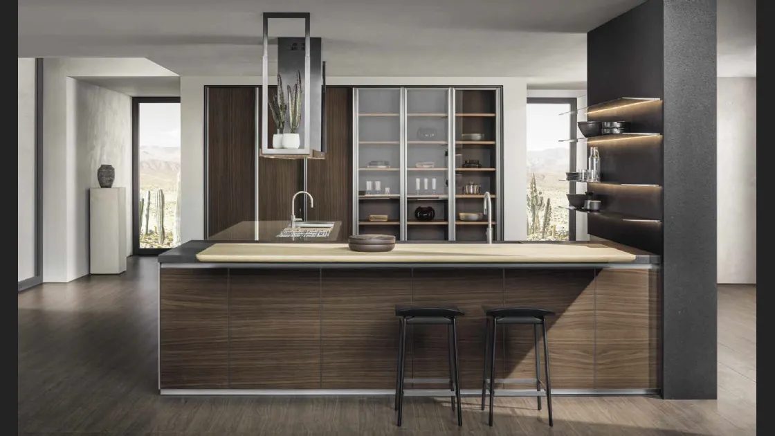 Cucina Design con penisola Hi-Line 6 Frame Door con base in Noce, top in acciaio Inox e Nero Lava, banco snack in Rovere biondo nodato di Molteni & C