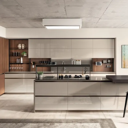 Cucina Moderna Boxi 02 in laccato lucido Visone e Noce Sunset di Scavolini