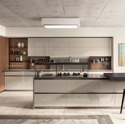 Cucina Moderna Boxi 02 in laccato lucido Visone e Noce Sunset di Scavolini