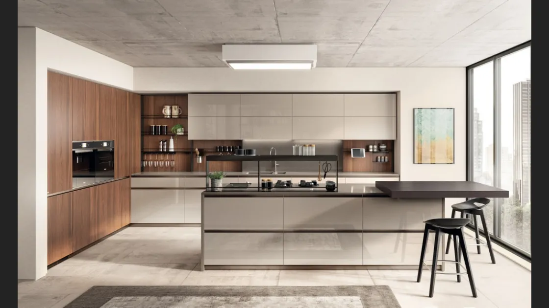 Cucina Moderna Boxi 02 in laccato lucido Visone e Noce Sunset di Scavolini