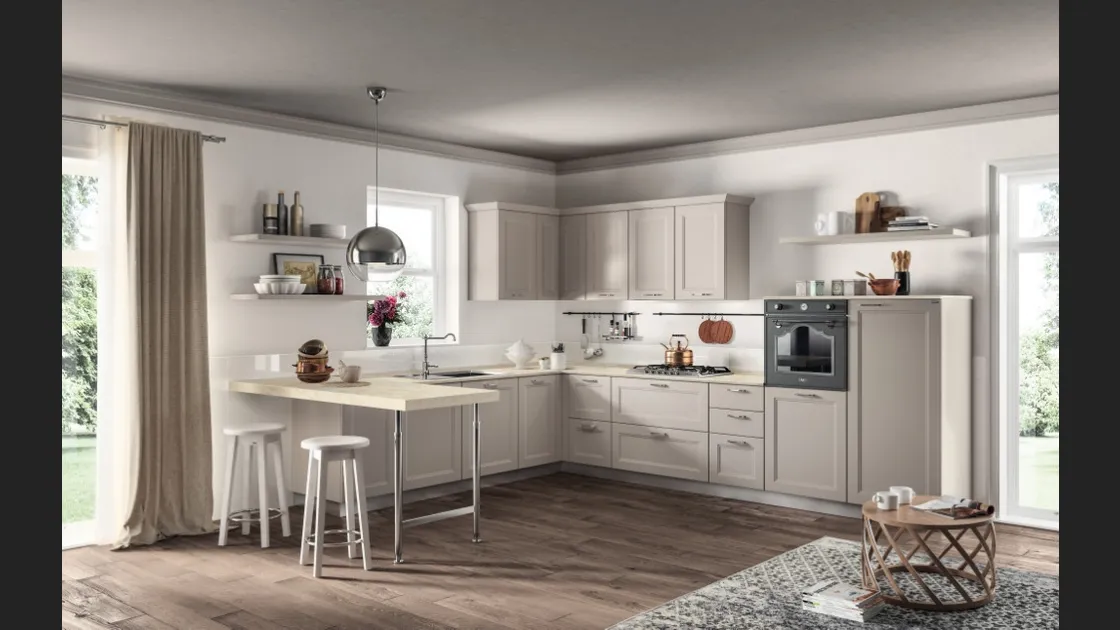 Cucina Moderna angolare con penisola Colony 02 in laccato opaco Sabbia di Scavolini