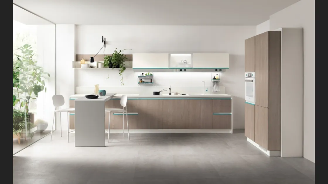 Cucina Moderna Dandy Plus 06 Rovere Gessato con maniglia Blu Agave di Scavolini