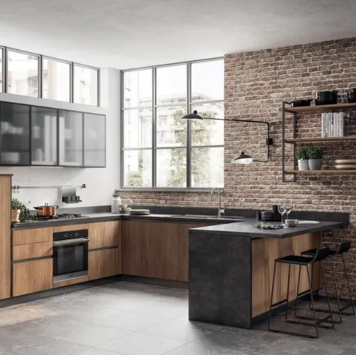 Cucina Moderna con penisola Evolution 04 in Rovere Land di Scavolini