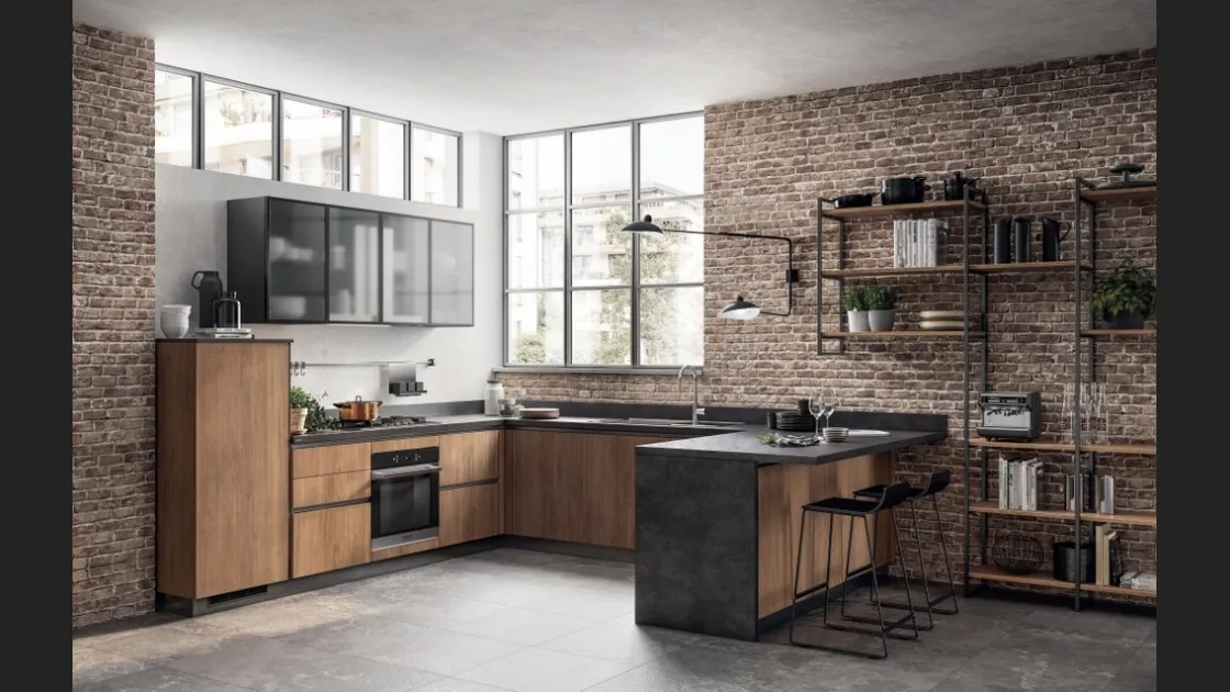 Cucina Moderna con penisola Evolution 04 in Rovere Land di Scavolini