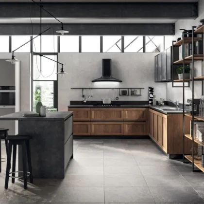 Cucina Moderna angolare con isola Evolution 03 in decorativo Rovere Land e laminato Volcanic Ash di Scavolini