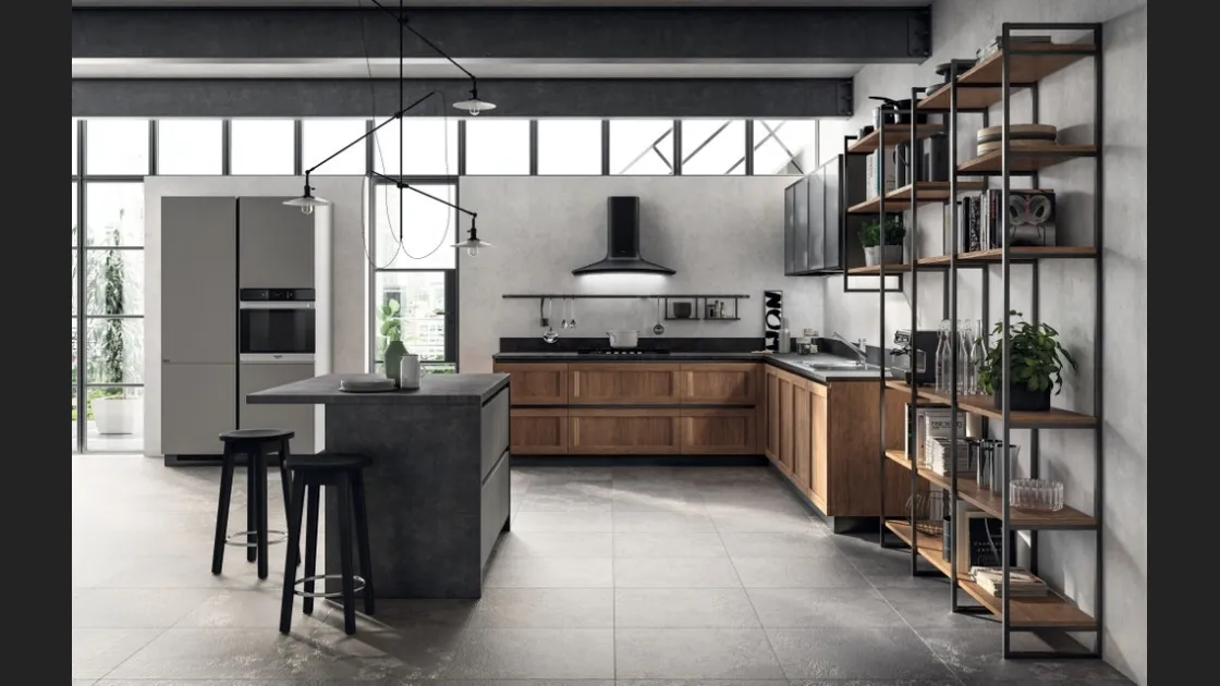 Cucina Moderna angolare con isola Evolution 03 in decorativo Rovere Land e laminato Volcanic Ash di Scavolini