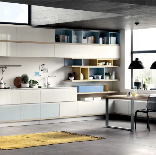 Cucina Moderna Foodshelf 02 in laccato lucido Ghiaccio e Azzurro Laguna di Scavolini