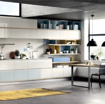 Cucina Moderna Foodshelf 02 in laccato lucido Ghiaccio e Azzurro Laguna di Scavolini